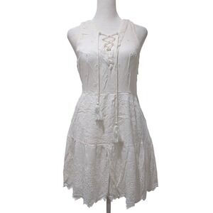 Hollister White Eyelet Lace Up Tassel Summer Mini Dress Boho Tiered Sleeveless M
